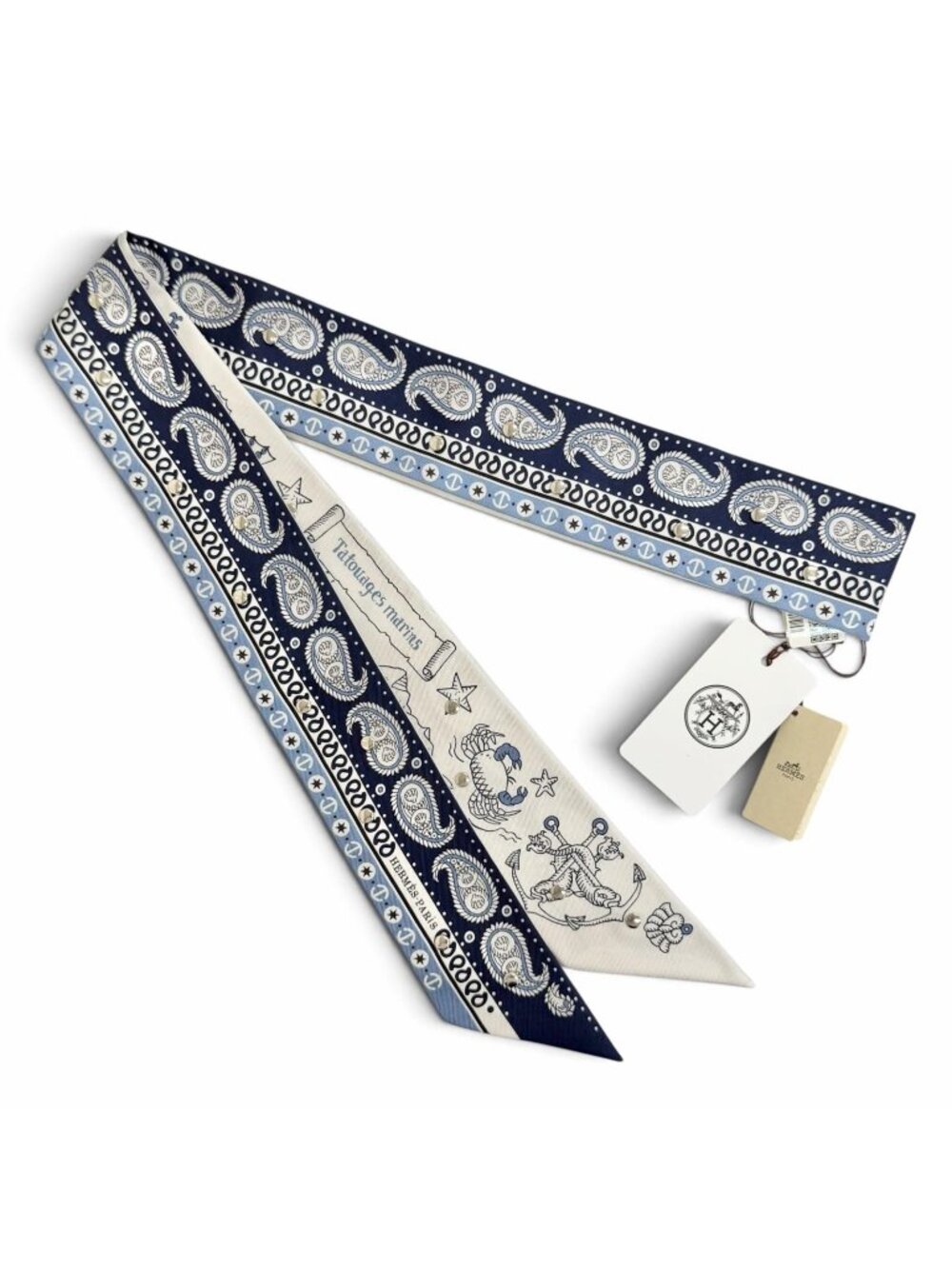 Hermes Ribbon Sailor Tattoo Bandana Silk Blue Marine Scarf